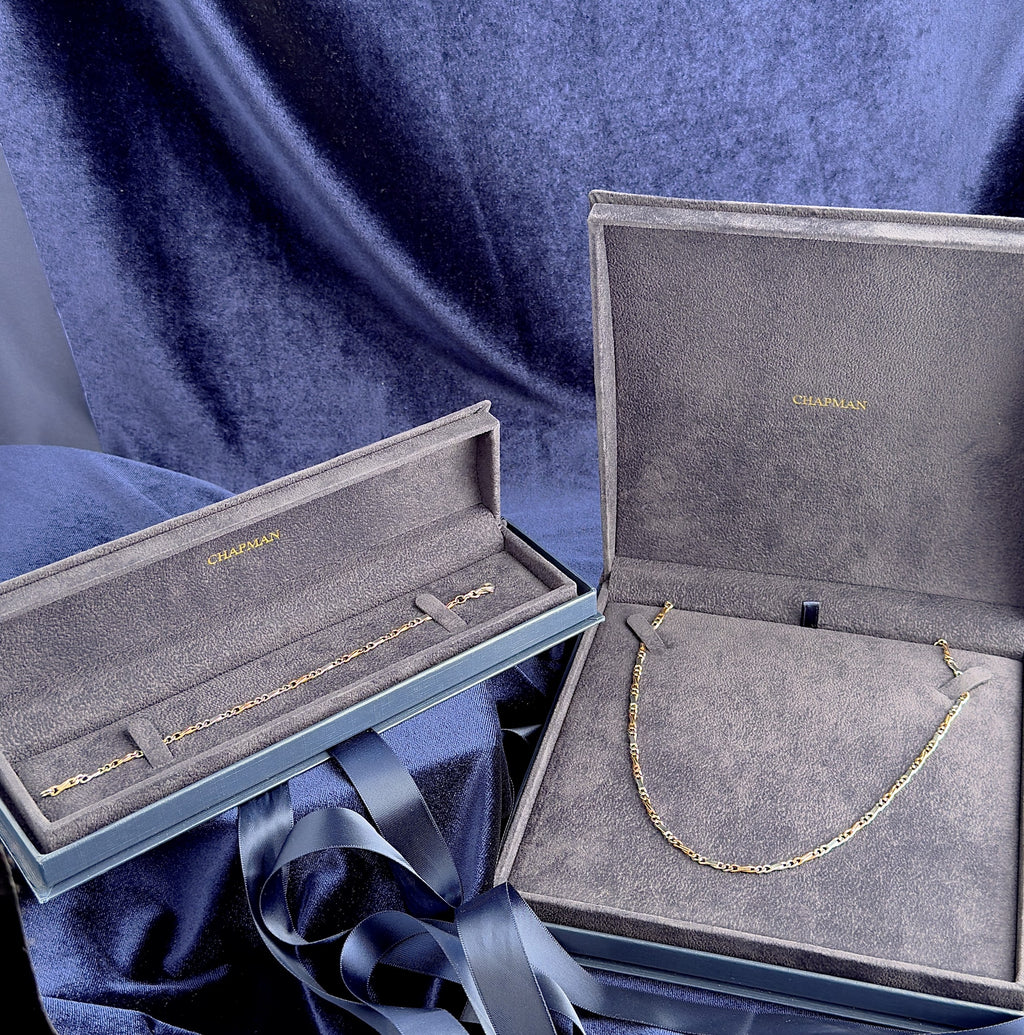 9ct rose and white gold curb and bar link necklace and bracelet set, London hallmarked