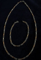 9ct rose and white gold curb and bar link necklace and bracelet set, London hallmarked
