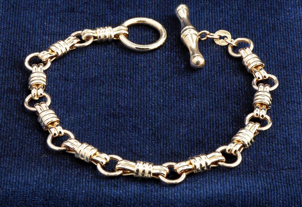 14ct yellow gold hay bale link bracelet with T-bar, 19.5 cm, hallmarked