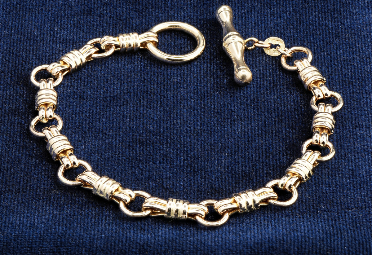 14ct yellow gold hay bale link bracelet with T-bar, 19.5 cm, hallmarked