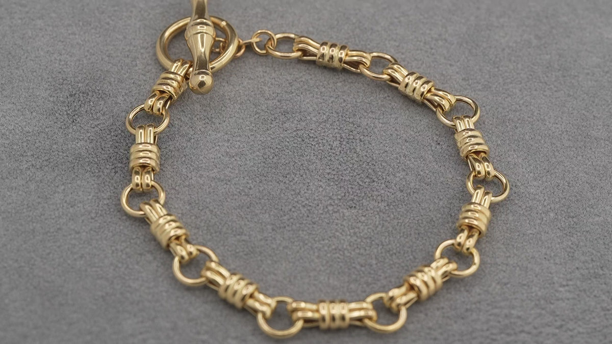14ct yellow gold hay bale link bracelet with T-bar, 195mm