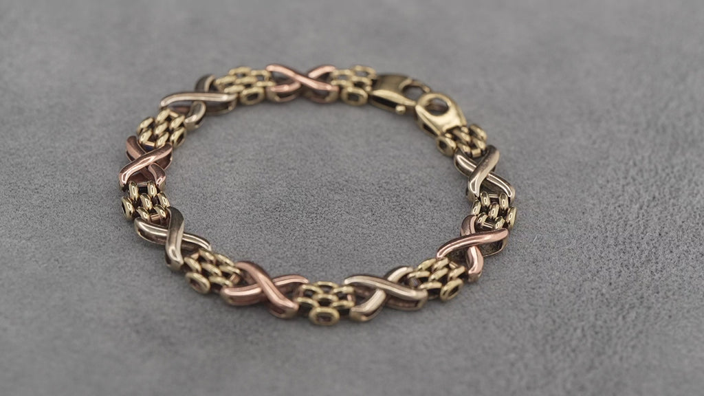 9ct tricolour gold fancy link bracelet, 190mm