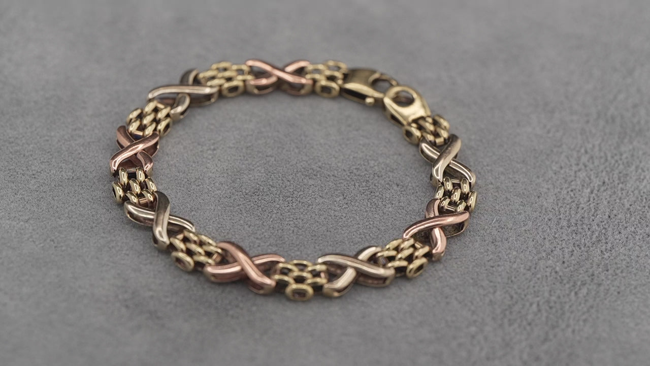 9ct tricolour gold fancy link bracelet, 190mm